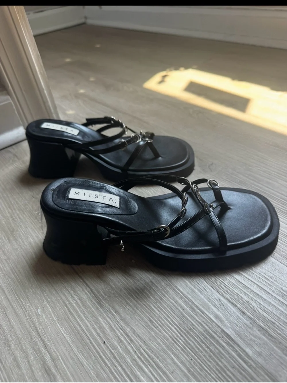 Miista Black Braided Strap Leather Sandals